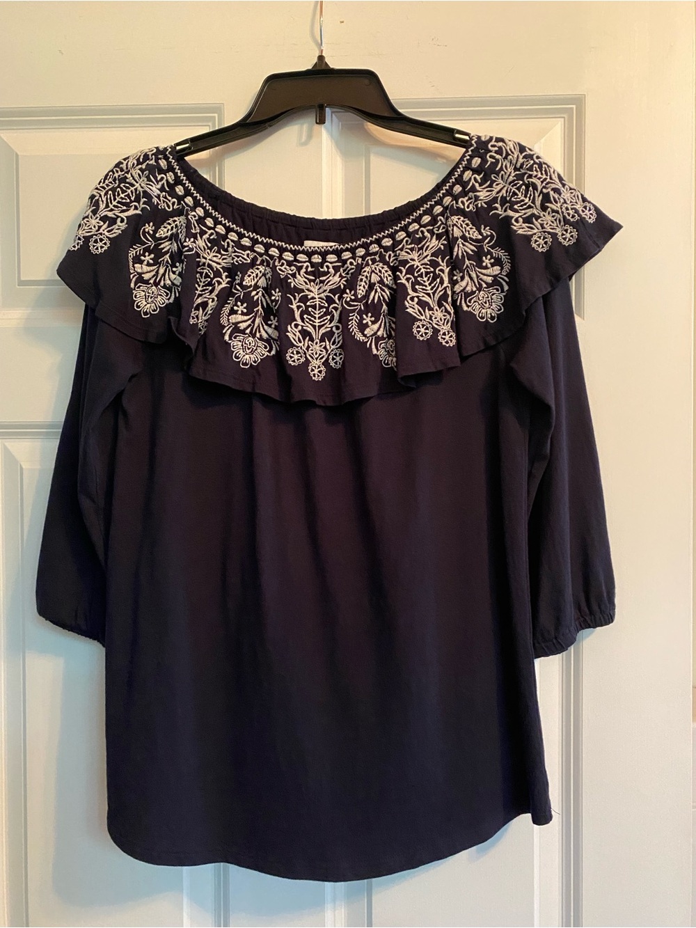 J. Jill Navy Off-Shoulder Top with White Embroidery